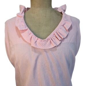 Gingham Ruffle Collar Sleeveless Top Pink White Checkered Blouse